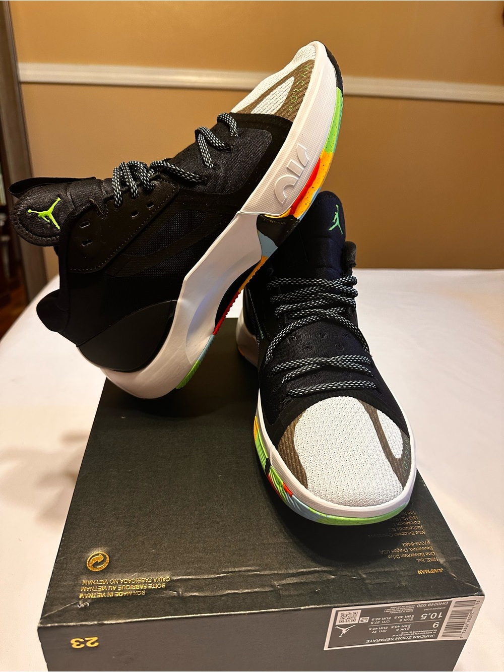 Jordan Men's Black Sneakers with White Toe and Rainbow Midsole Accent Box No Lid